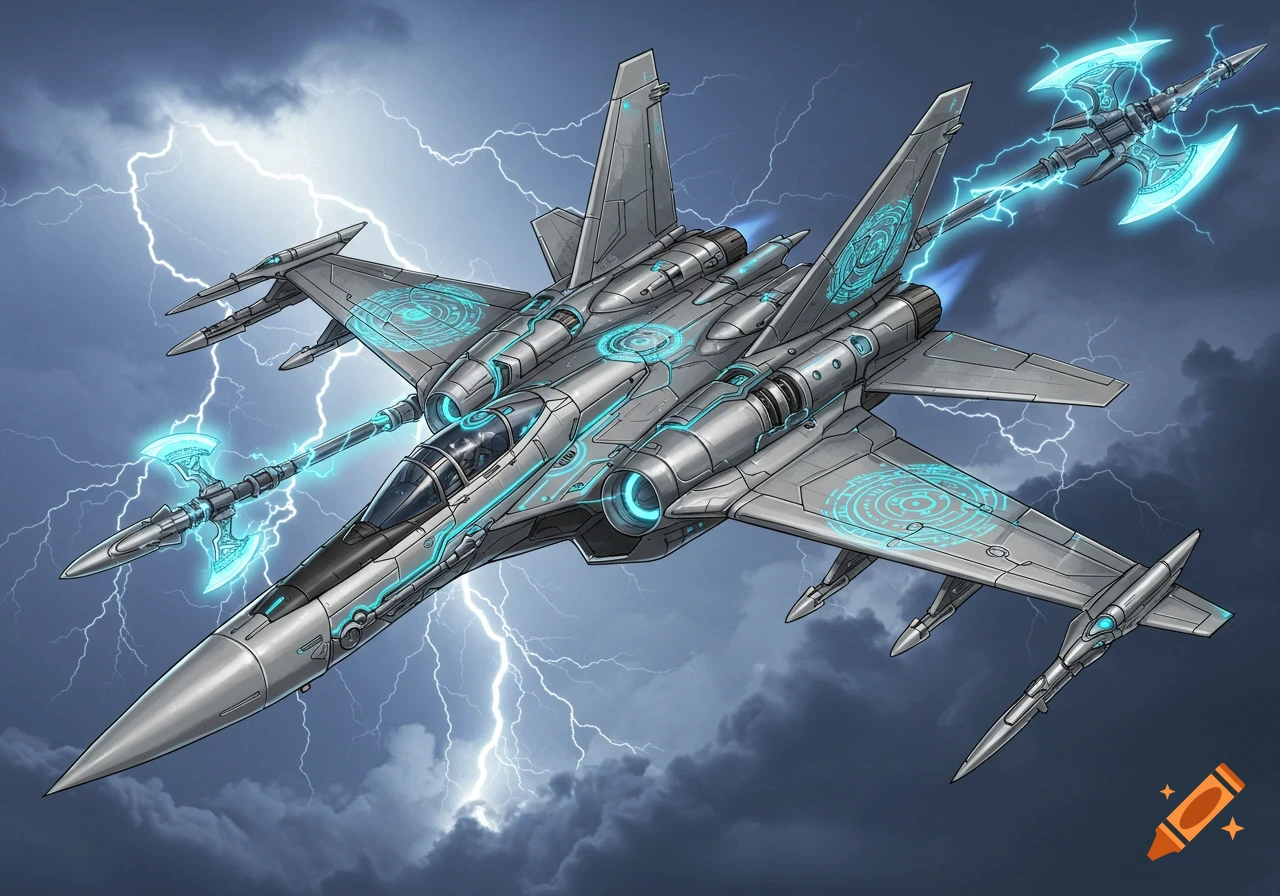 A grey sci-fi aircraft with glowing blue magic symbols and two glowing halberd missiles flying through a stormy, lightning-filled sky.
