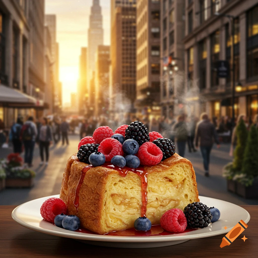 A close-up of a golden bread pudding topped with blueberries, raspberries, and blackberries, drizzled with syrup, against a blurred city street at sunset.