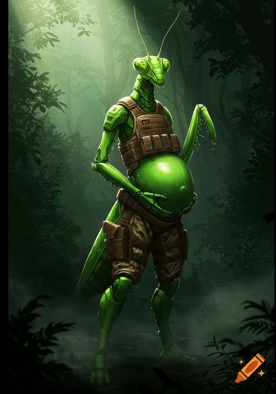 A pregnant green anthropomorphic praying mantis wearing tactical military gear stands in a misty jungle.