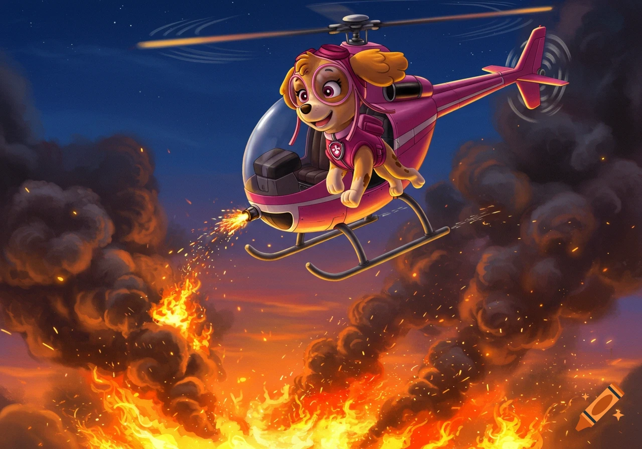 Cartoon illustration of Skye from Paw Patrol in a pink helicopter, firing a jet from its front at a large fire below under a dark sky.