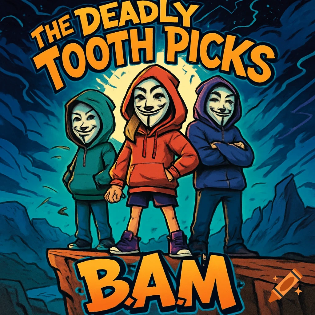A cartoon album cover featuring three masked figures in hoodies on a cliff, with text 'THE DEADLY TOOTH PICKS' and 'BAM'.