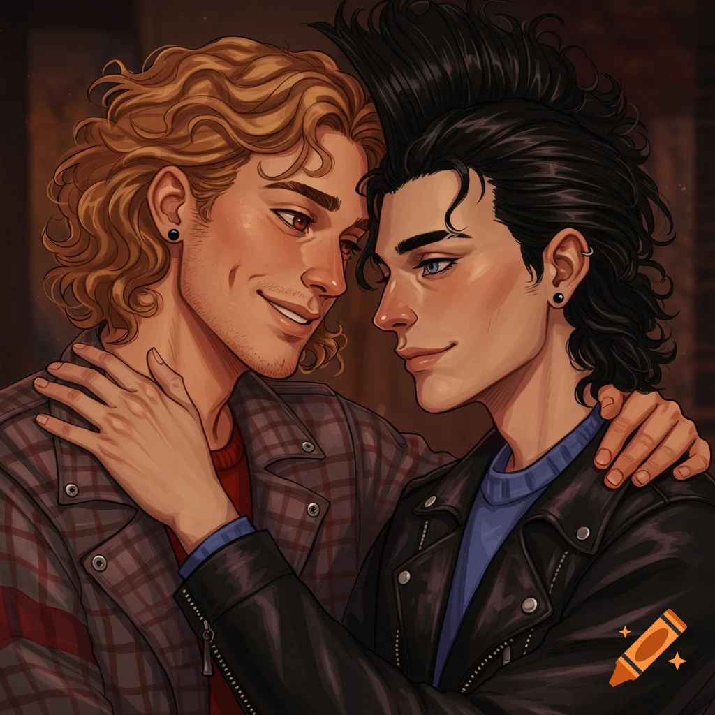 Digital illustration of two young men embracing. One has curly blonde hair and a plaid shirt, smiling at the man with black hair and a leather jacket looking softly at him.