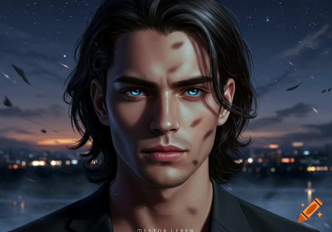 Close-up digital painting of a man with dark hair and glowing blue eyes, against a night sky with city lights.