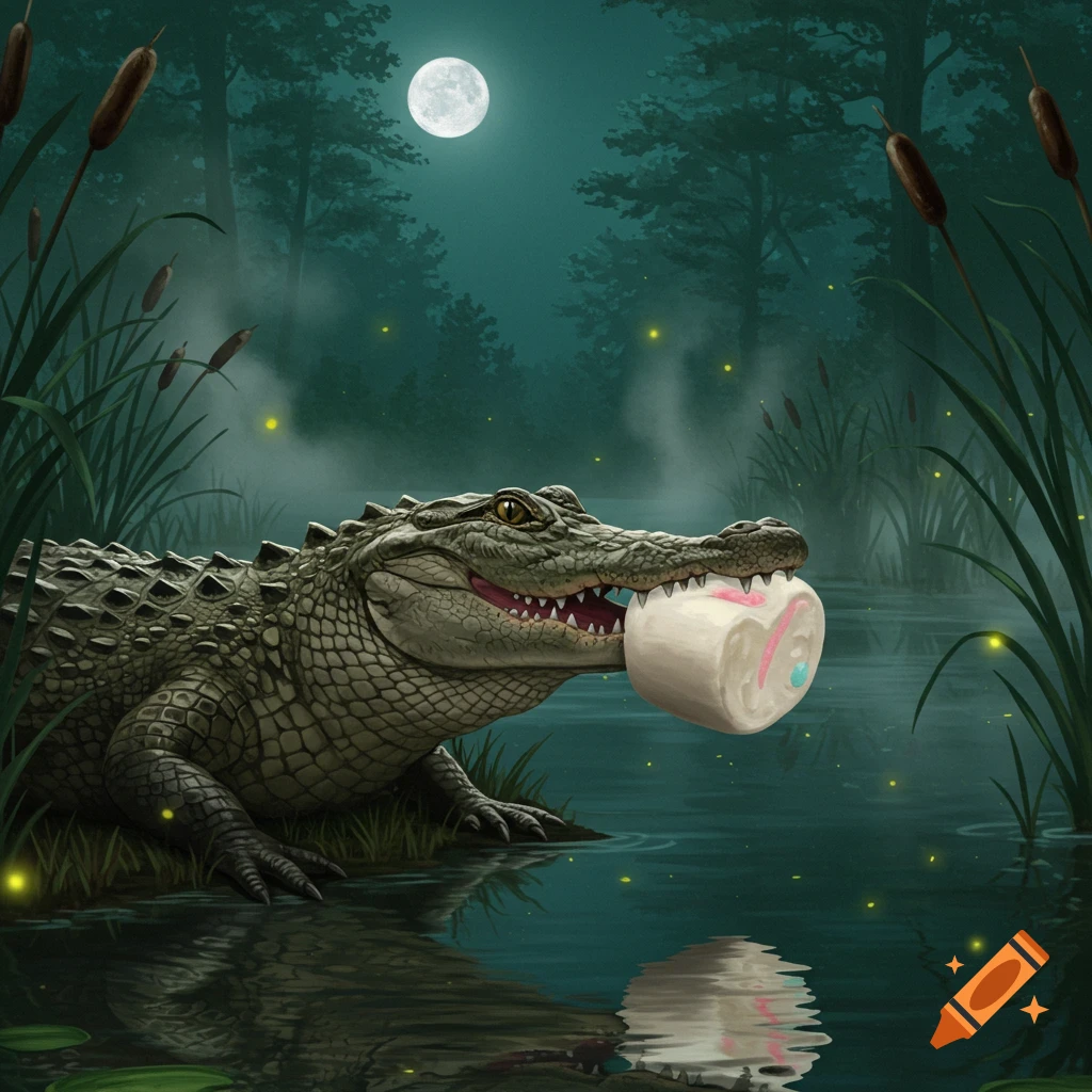 An alligator smiles while holding a large marshmallow in its mouth, standing in a moonlit swamp with fireflies.