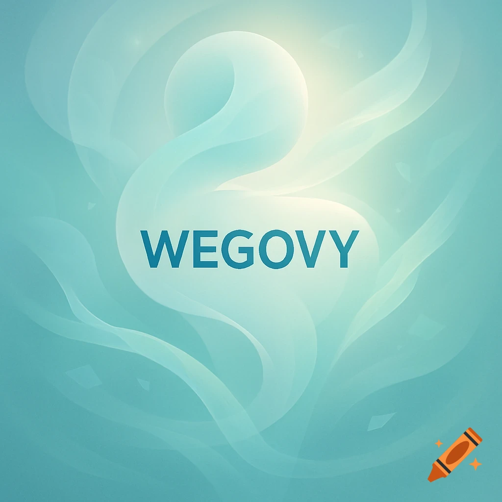 Minimalist abstract background in light blue with wave-like patterns and the word WEGOVY in the center.