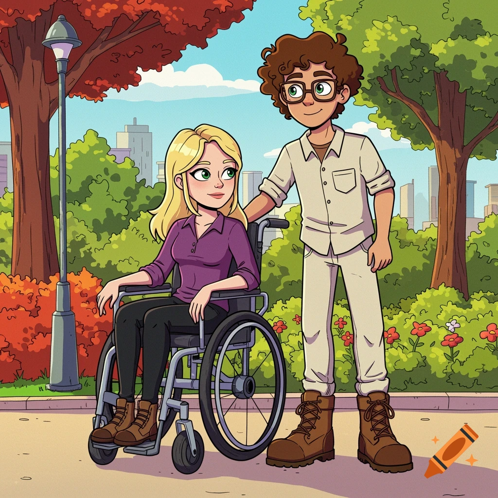 Cartoon illustration of a blonde woman in a wheelchair next to a man with curly hair in a park.