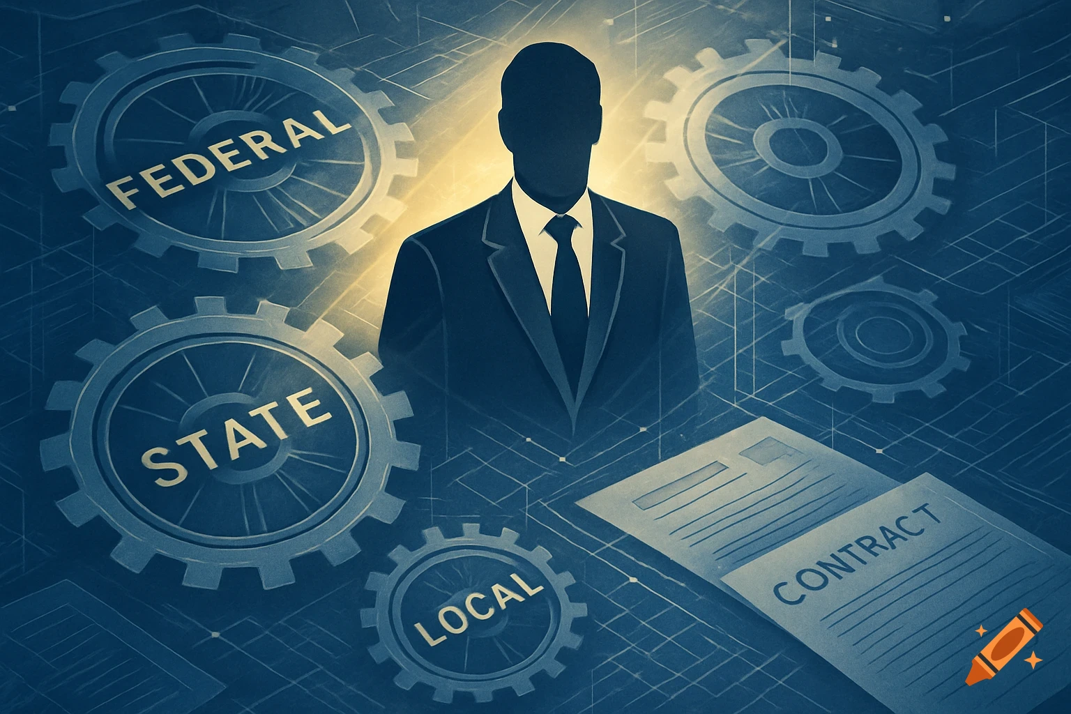 Abstract conceptual illustration of a business person silhouette surrounded by gears labeled federal, state, and local, with a contract document.