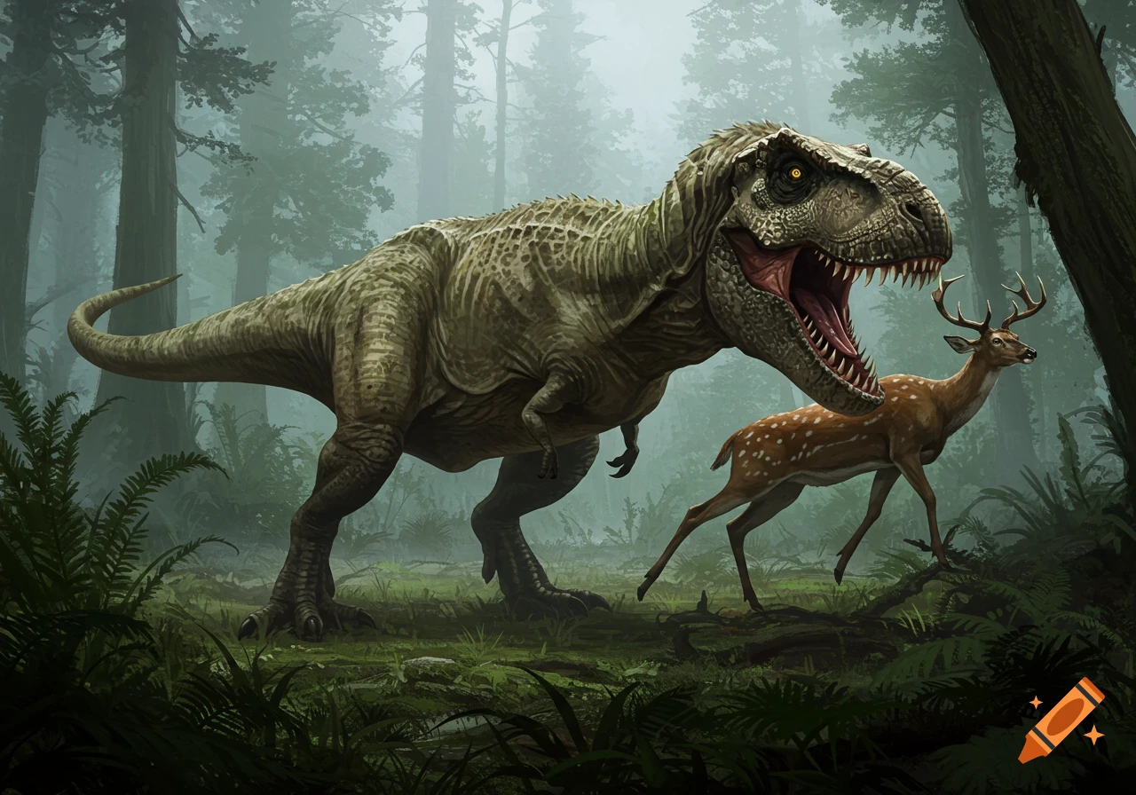 A massive T-Rex with its mouth open pursues a spotted deer through a lush, misty prehistoric forest.