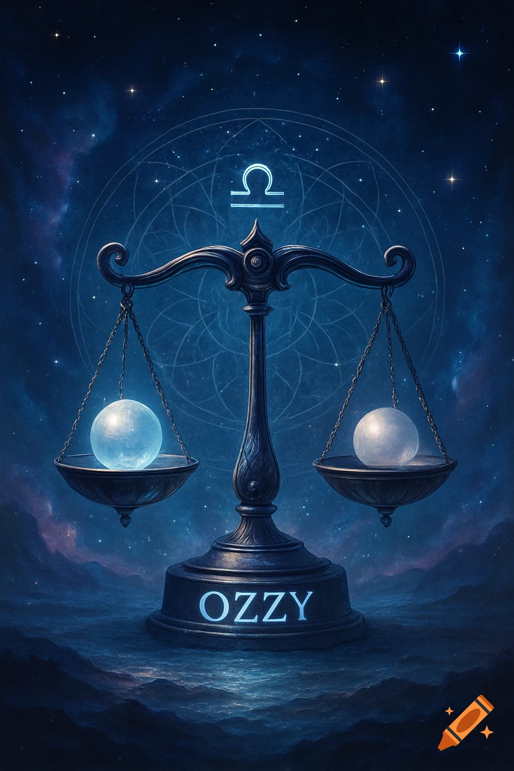 A Libra scale with glowing blue and white orbs sits against a starry blue cosmic background, with the word OZZY at its base.