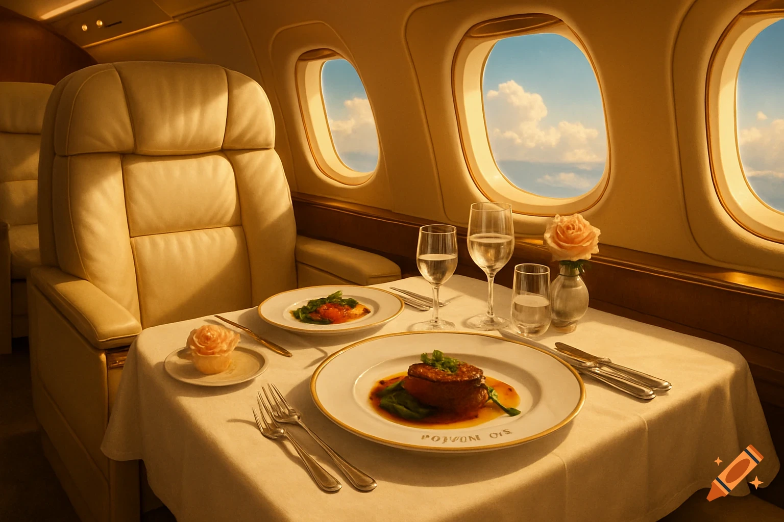 A luxurious meal served on a white tablecloth with fine china and silverware inside a first-class airplane cabin with views of clouds outside the windows.