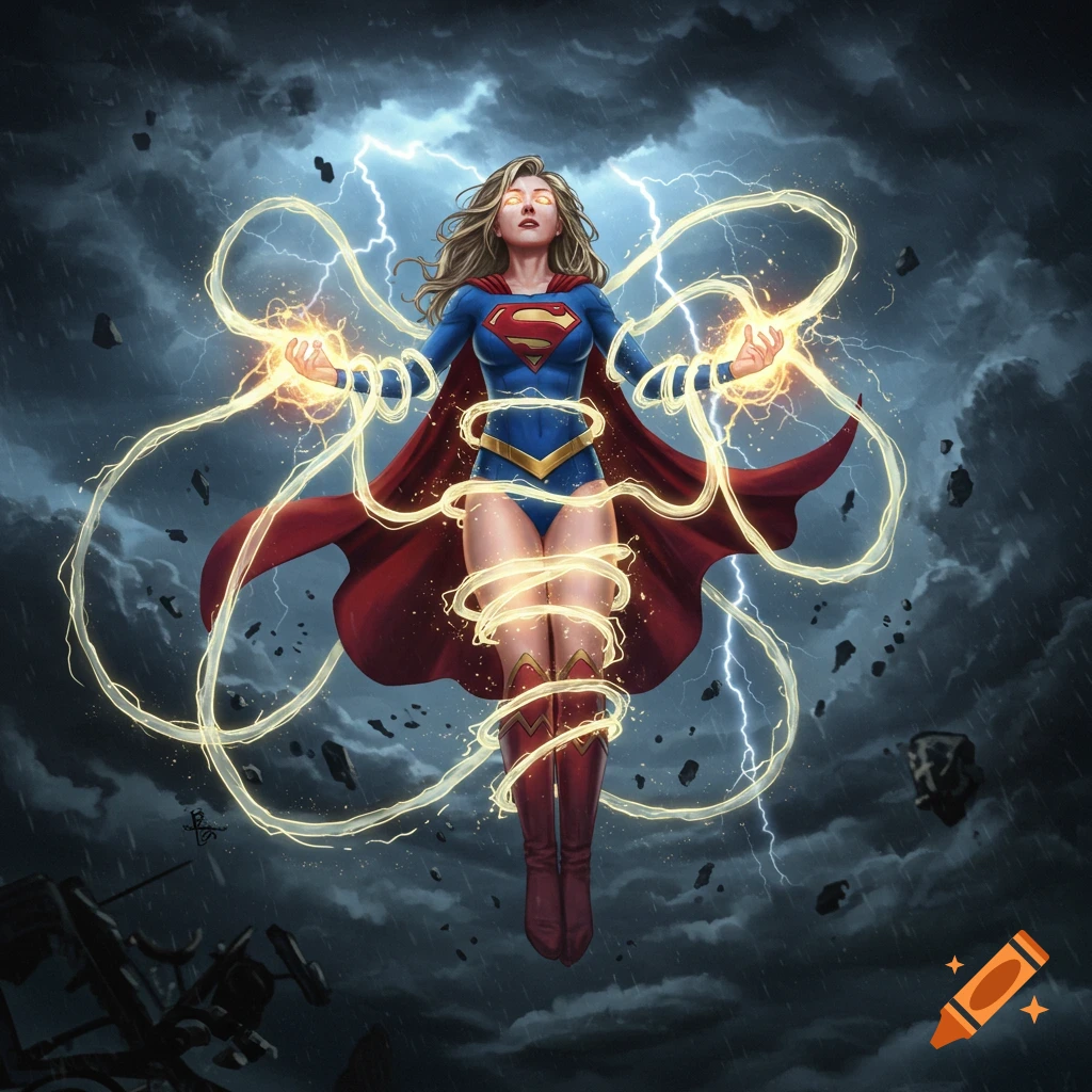 Supergirl floats in a stormy sky, wrapped in glowing yellow energy tendrils, with lightning striking around her.