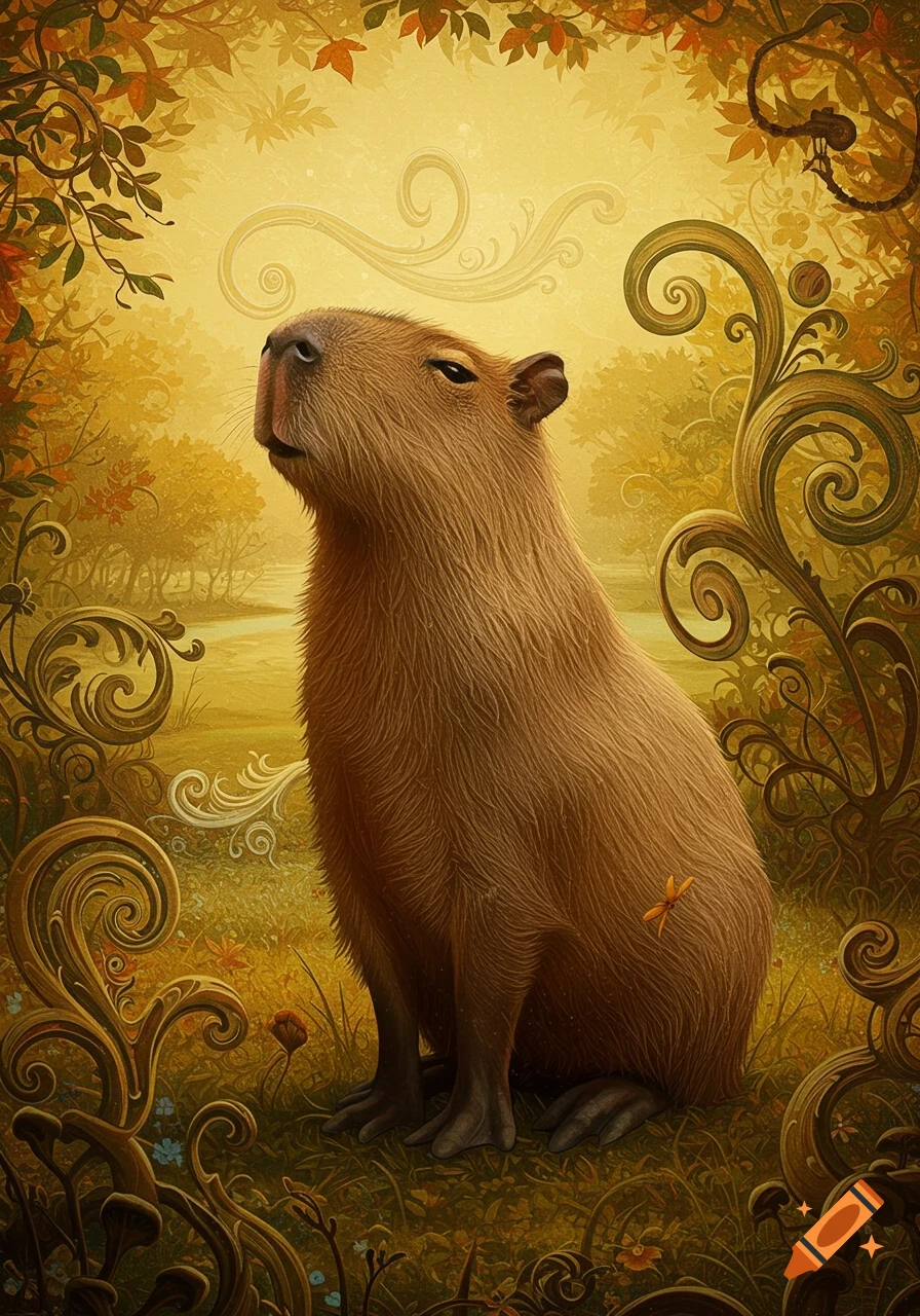 An illustrative capybara sitting in a vibrant golden forest with decorative swirling foliage.