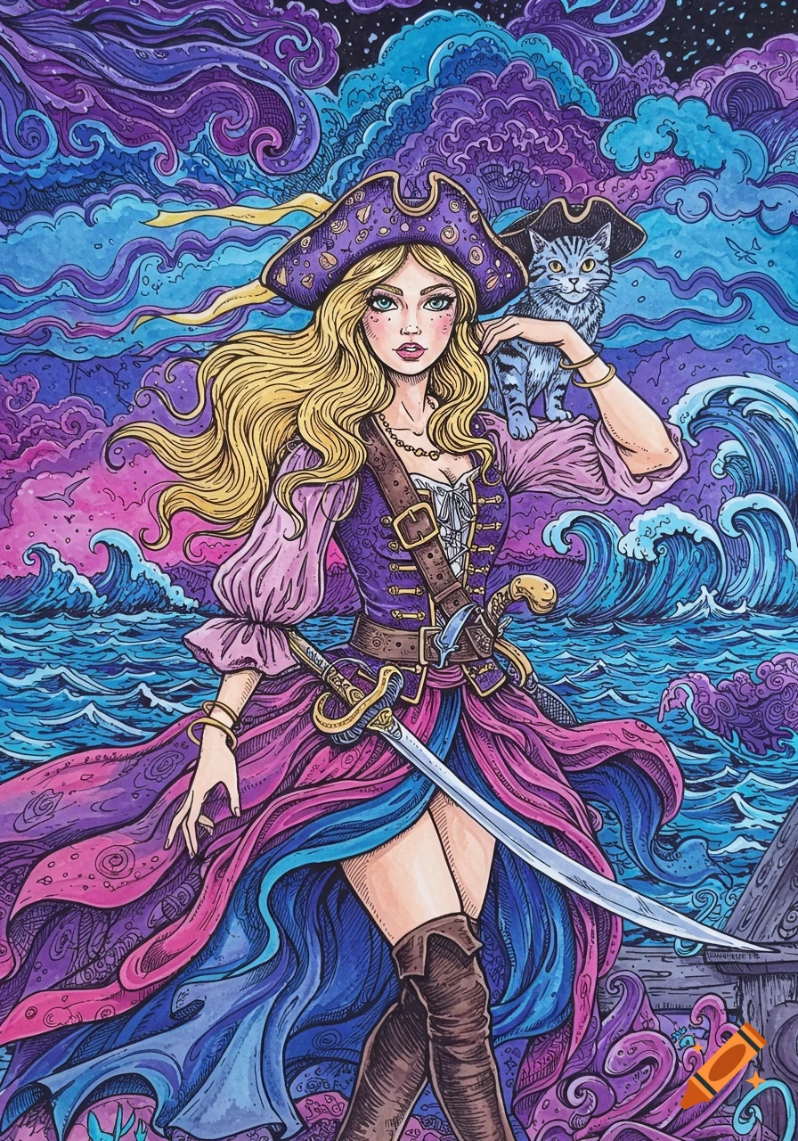 A vibrant pop art illustration of a blonde pirate girl with a pirate cat on her shoulder, standing on a ship deck with wavy seas and stormy skies.