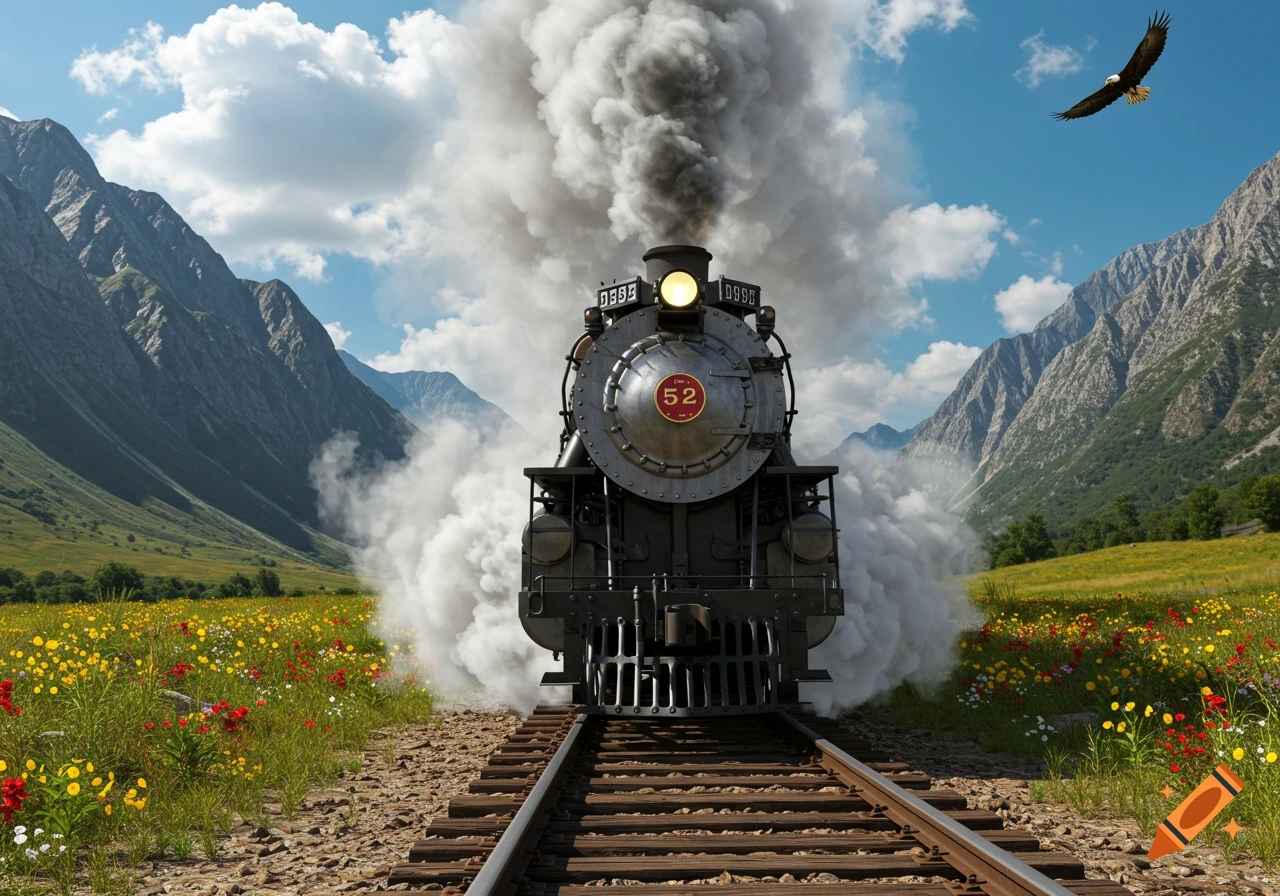 A photorealistic steam locomotive on tracks in a vibrant mountain valley, wildflowers in bloom, an eagle soaring overhead.