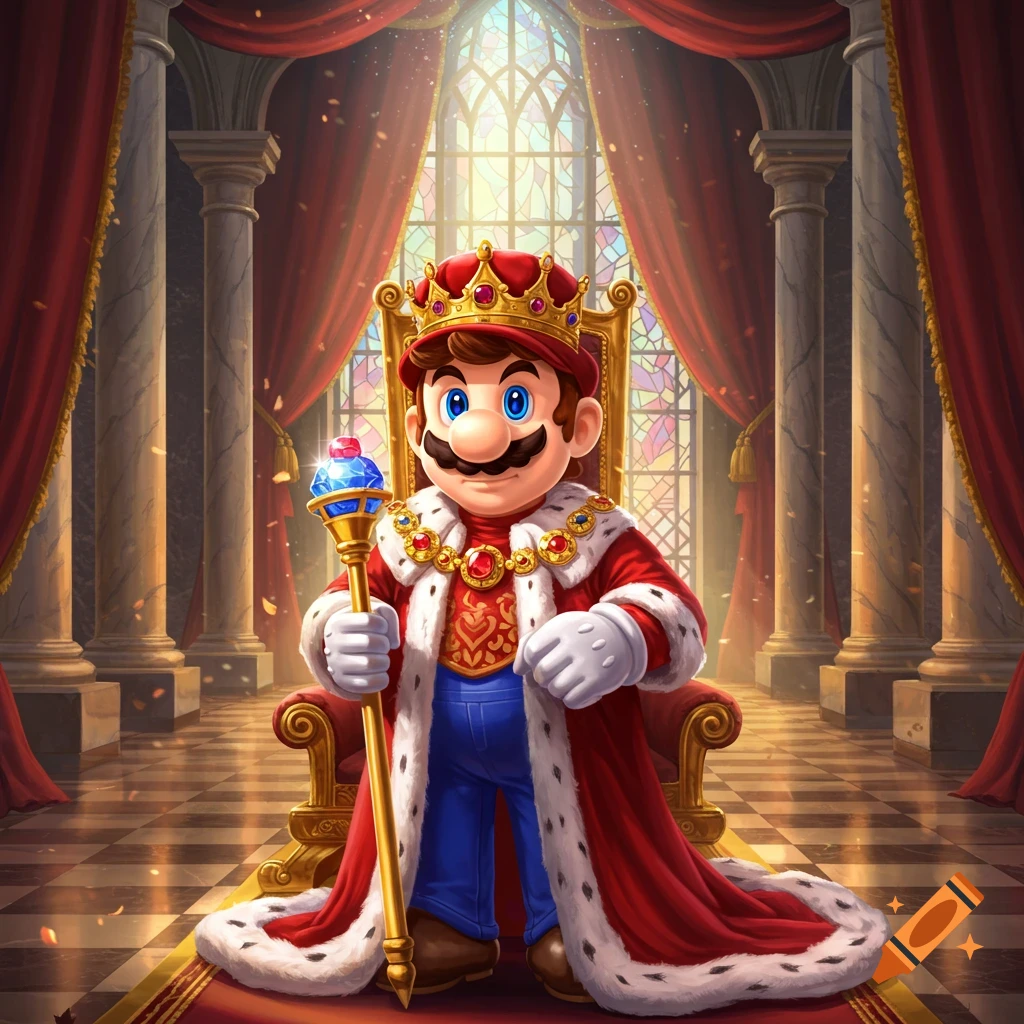 King Mario sits on a grand golden throne in a regal hall, holding a blue-jeweled scepter, wearing a red and white fur-trimmed royal robe and crown.