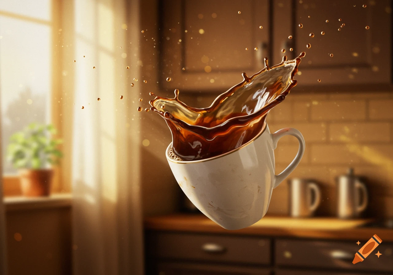 A white coffee cup with splashing coffee floats in a sunlit kitchen.