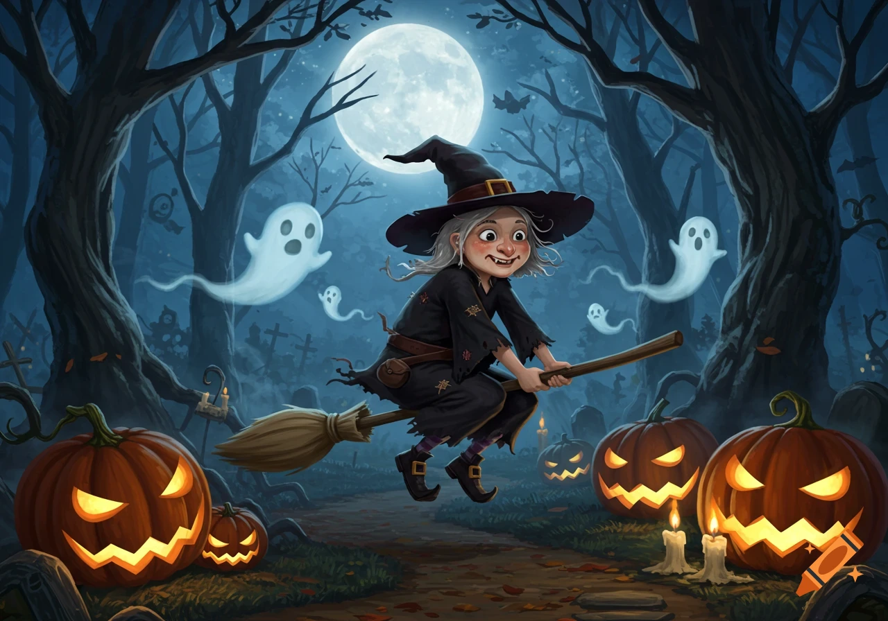 A smiling witch flies on a broomstick through a spooky forest with ghosts, gravestones, and glowing jack-o'-lanterns under a full moon.