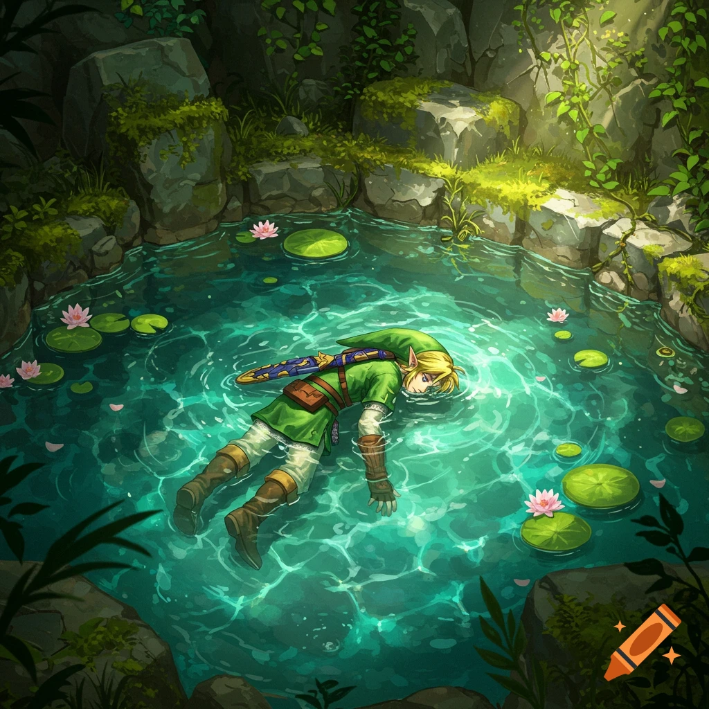 Link from Legend of Zelda facedown in a lush, sunlit pond with lily pads.