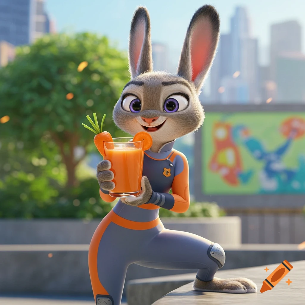 Animated rabbit character Judy Hopps in activewear holds a glass of carrot juice outdoors with a city background.