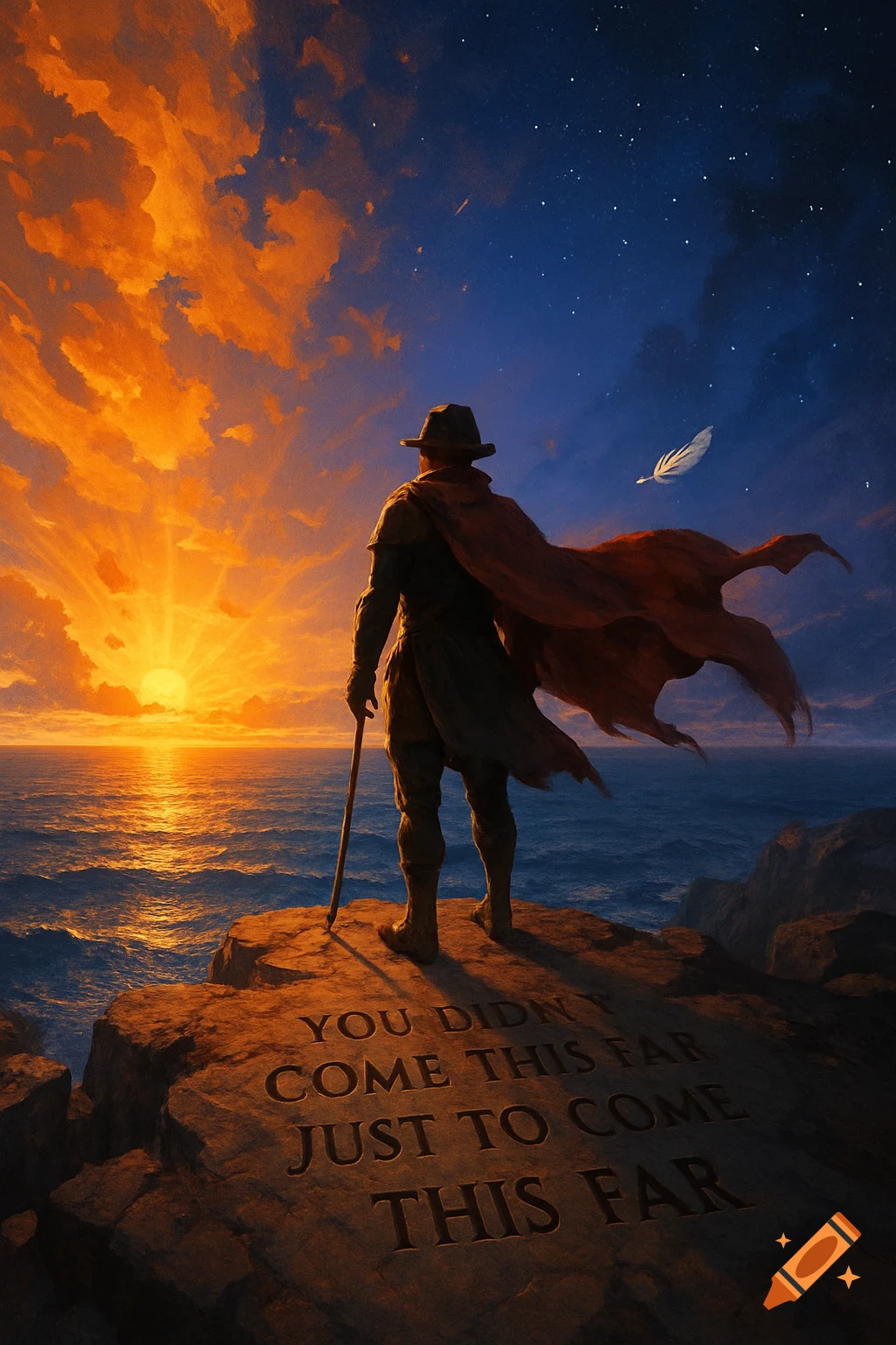 A man in a hat and cape stands on a cliff overlooking an ocean sunset. Text on the rock reads, "You didn't come this far just to come this far." A feather floats in the starry sky.