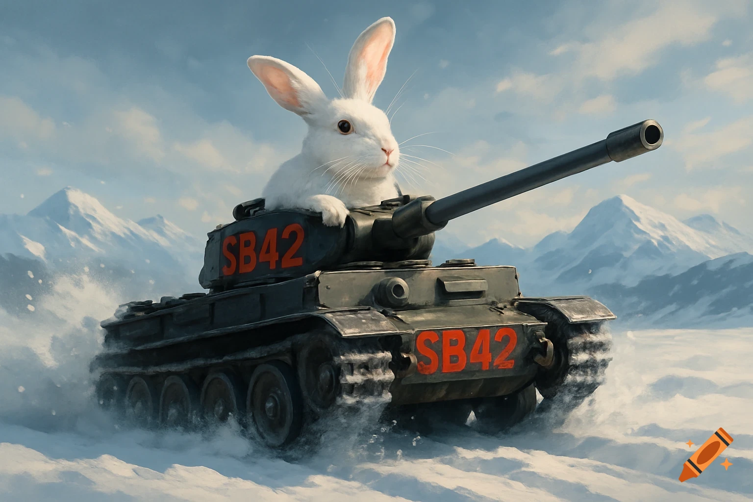A white rabbit sits in a dark green tank, driving through a snowy mountain landscape.