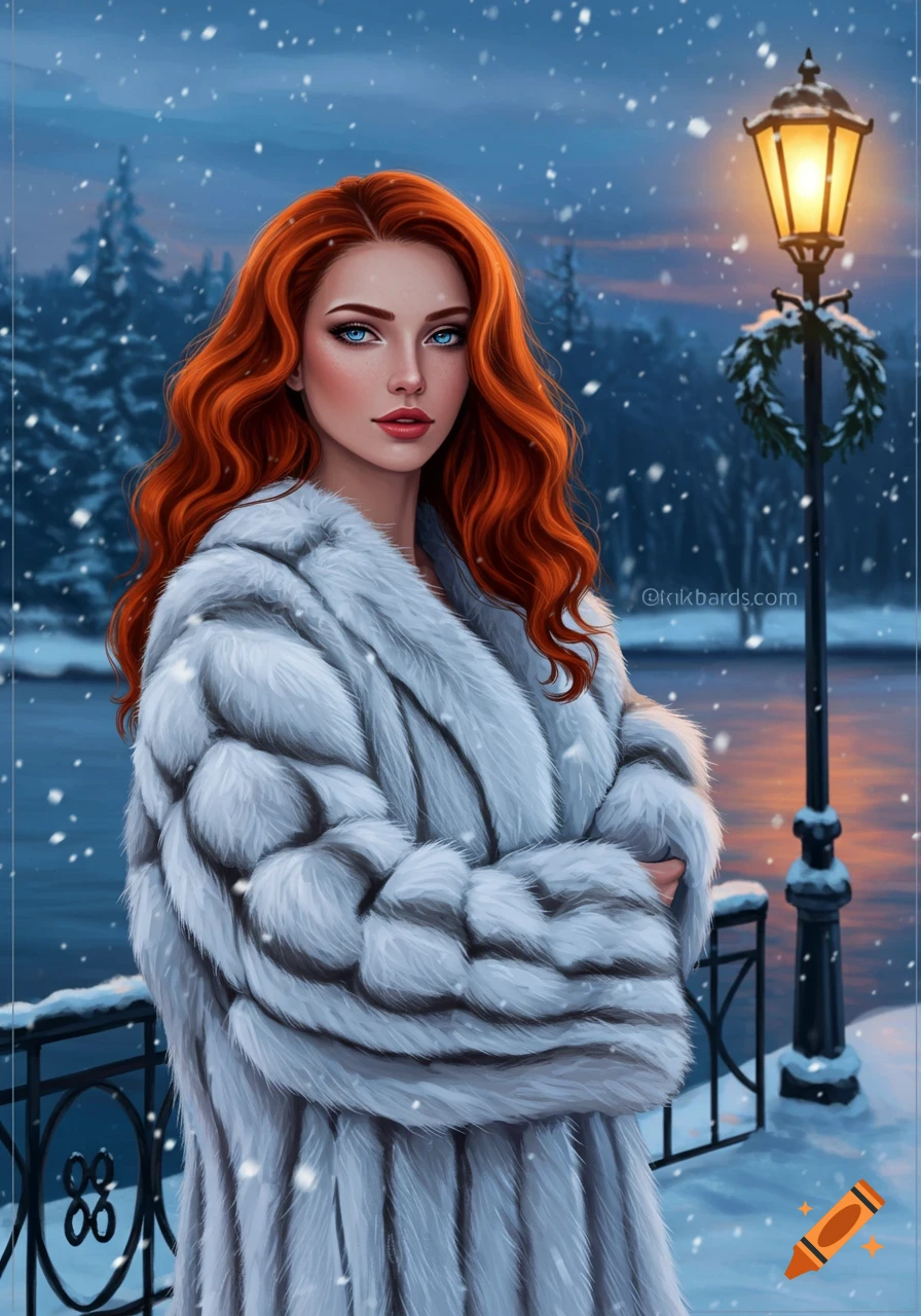 A woman with long red hair and blue eyes wears a white fur coat in a snowy winter scene with a lit lamppost.