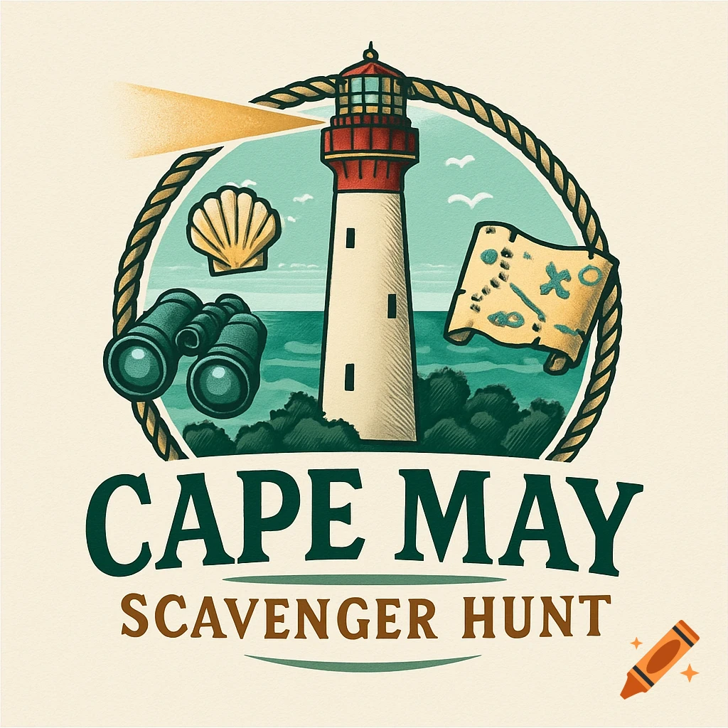 A stylized logo illustration for 'Cape May Scavenger Hunt', featuring a lighthouse, binoculars, seashell, and treasure map within a rope circle, set against a teal ocean background.