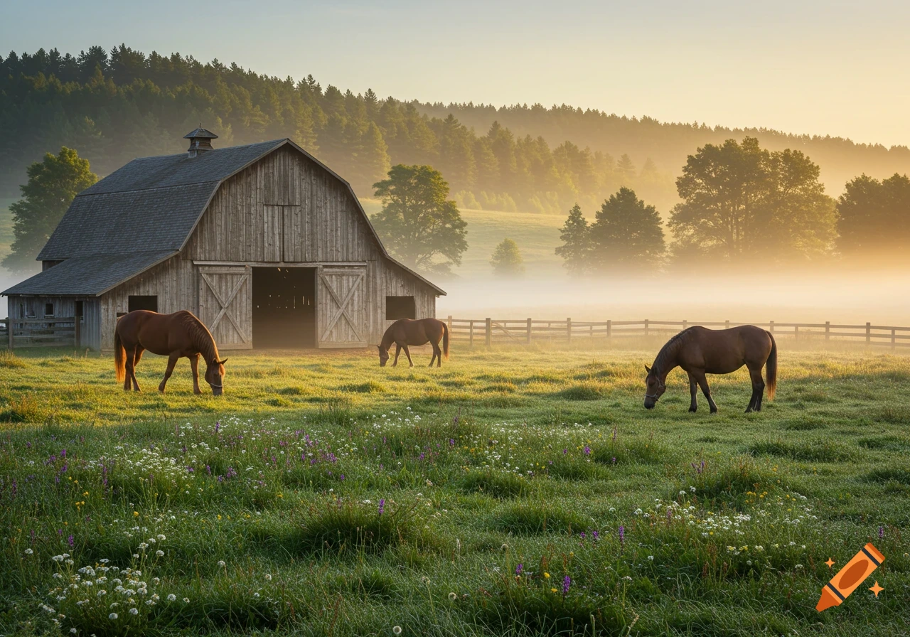 Three horses graze in a misty green field with a large wooden barn and a forest in the background at sunrise.