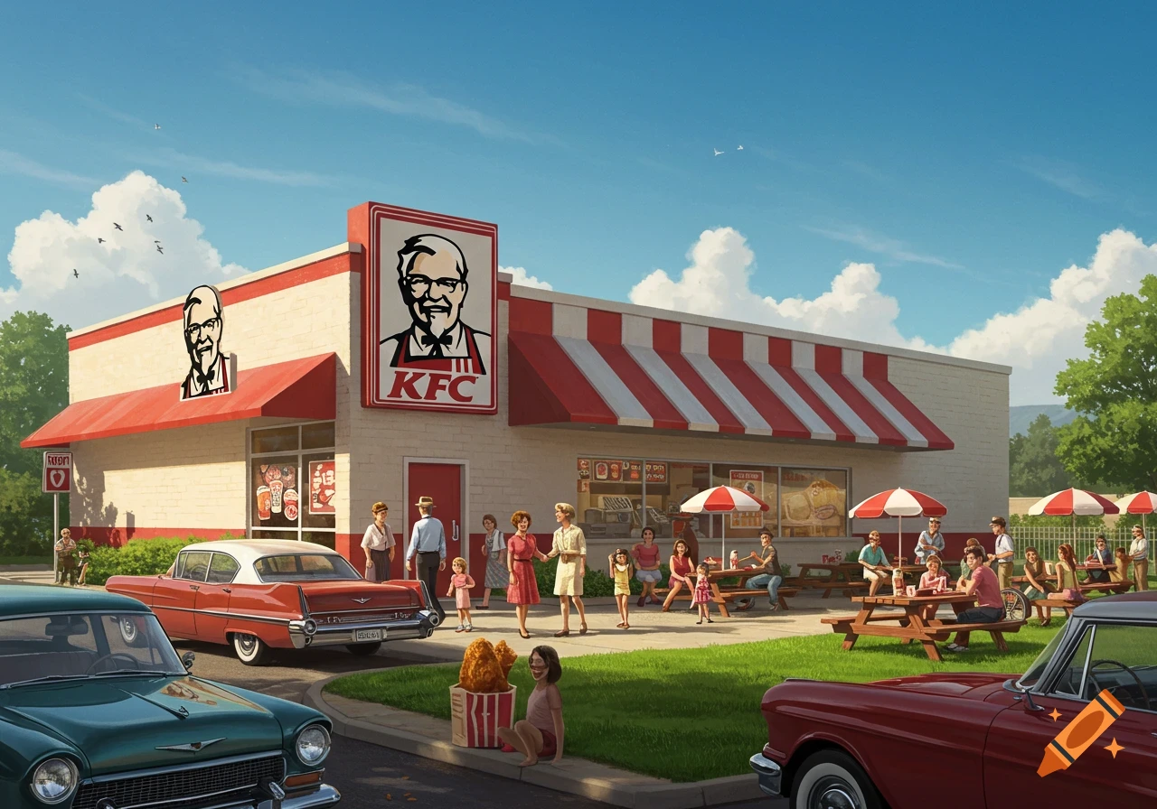 A vintage-style illustration of a bustling KFC restaurant with a red and white striped awning and Colonel Sanders signs, with people and classic cars in front.