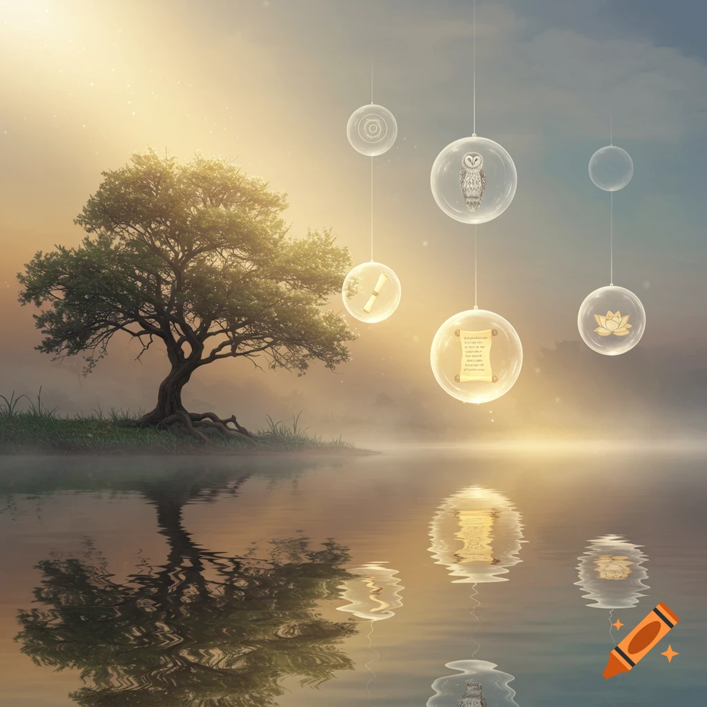 A serene landscape features a large tree by a misty lake with glowing light. Several transparent orbs float above, containing an owl, a scroll with illegible text, and a lotus flower.