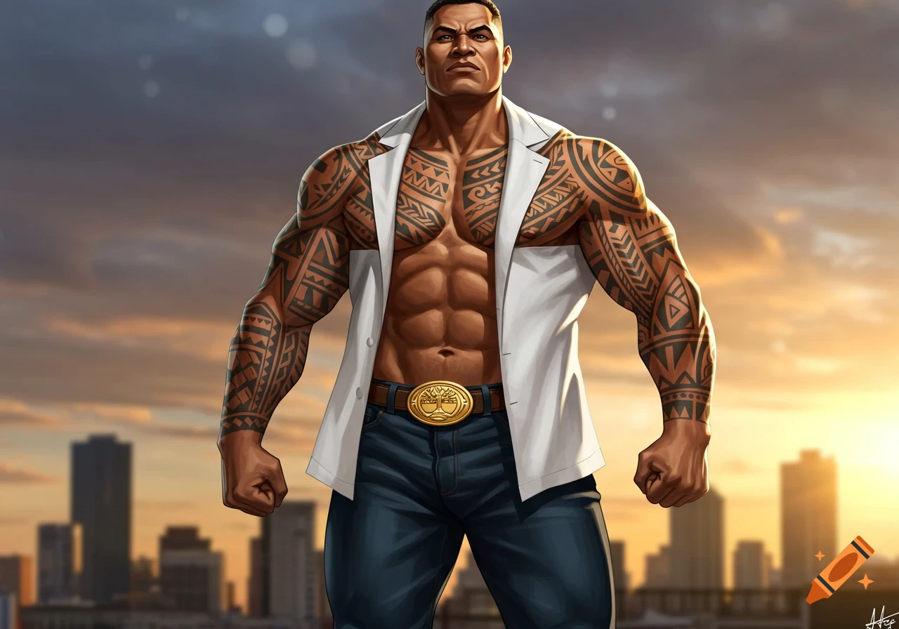 Muscular Tongan superhero with Polynesian tattoos on his chest and arms, wearing an open white shirt, blue jeans, and a gold belt buckle, against a city skyline at sunset.