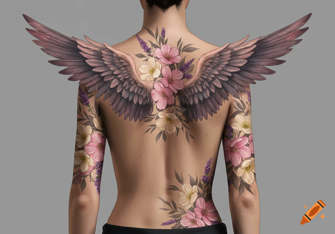 A person's back with large ornate wing and floral tattoos, rendered in a detailed illustration style.