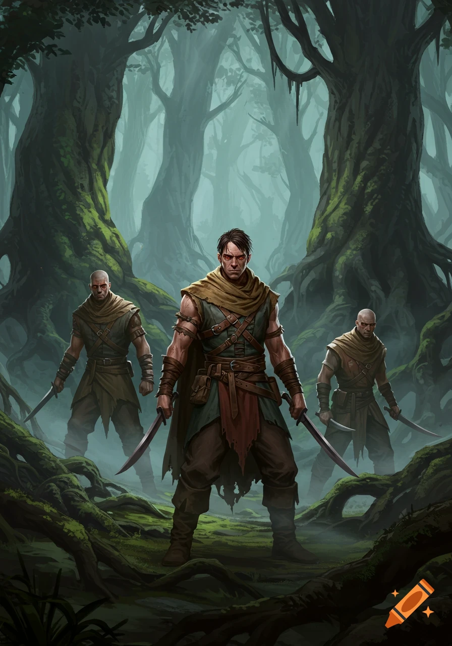 Three rugged men in earthy, tattered clothing stand in a misty, ancient forest, holding swords. The central figure looks directly forward.
