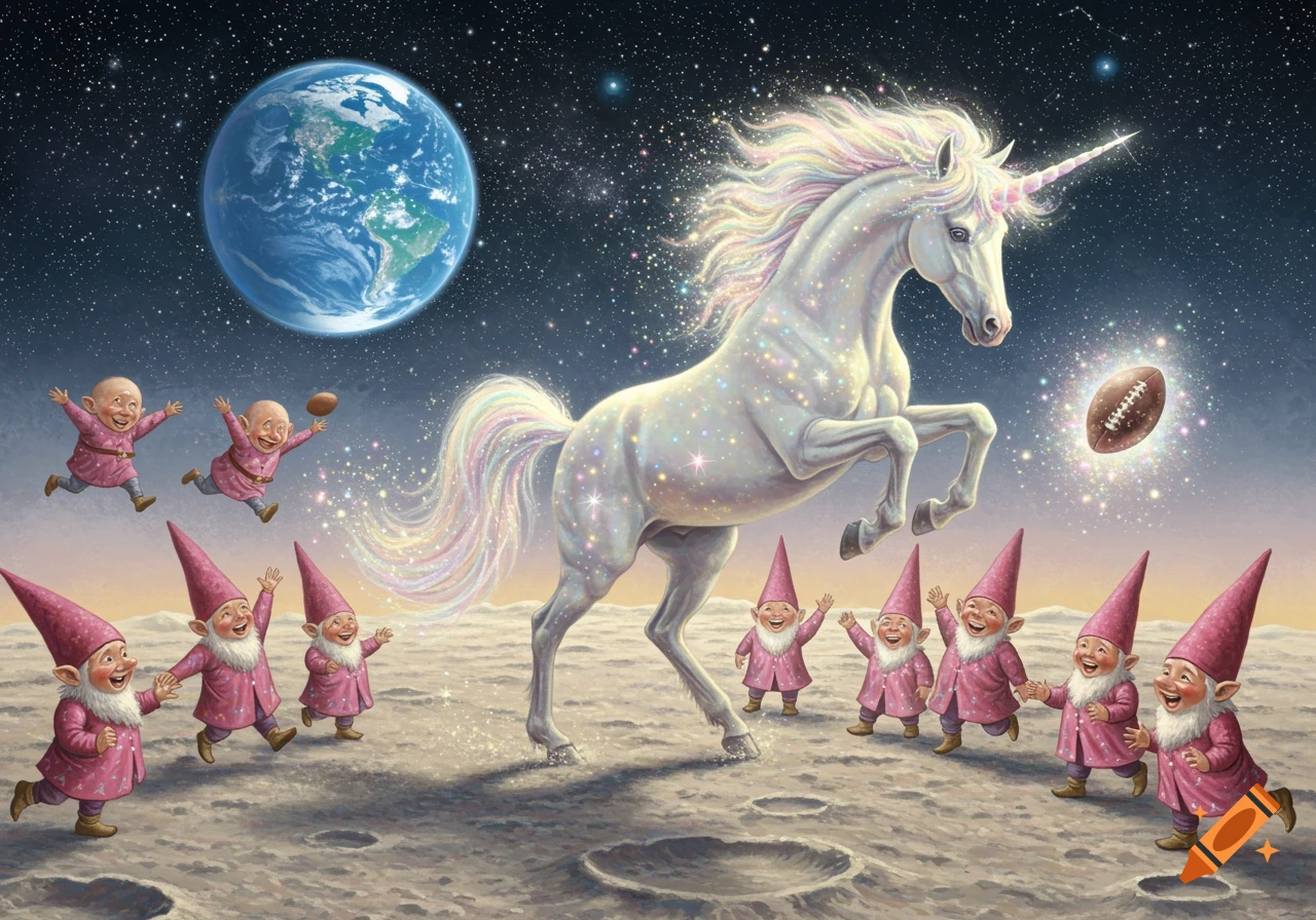 A whimsical scene of a sparkling white unicorn and several pink-clad gnomes playing football on the moon, with Earth visible in the starry background.