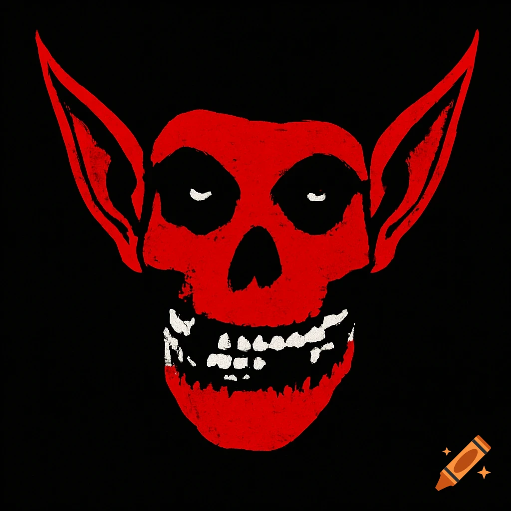 A stylized red skull with pointed elf ears and empty black eye sockets and nose, featuring white teeth against a black background.
