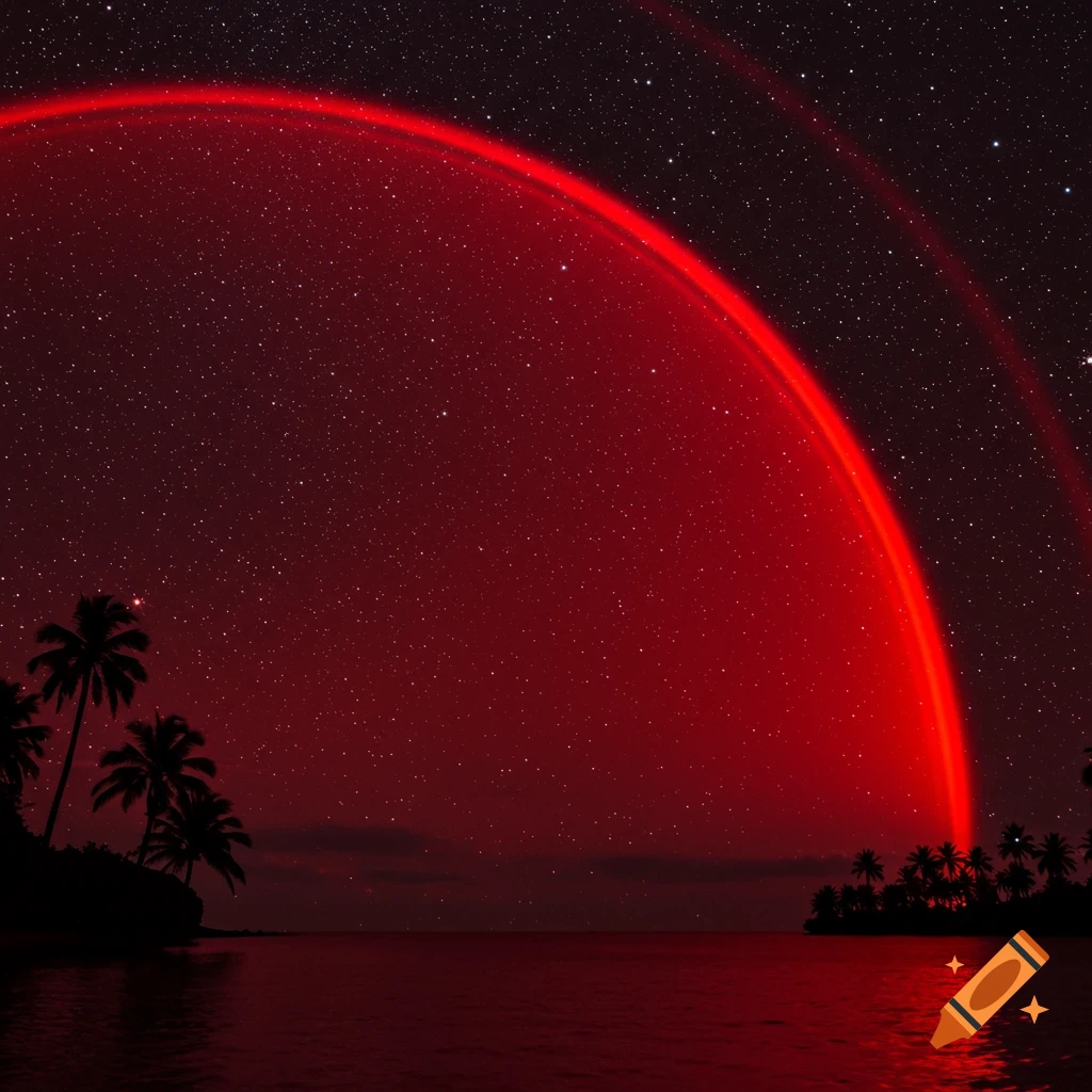 A vibrant red arc glows in a starry night sky over a tropical ocean with silhouetted palm trees.