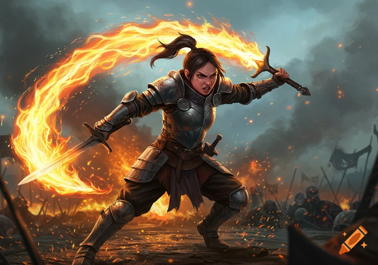 A fierce female warrior in detailed armor wields a flaming sword amidst a fiery battleground.