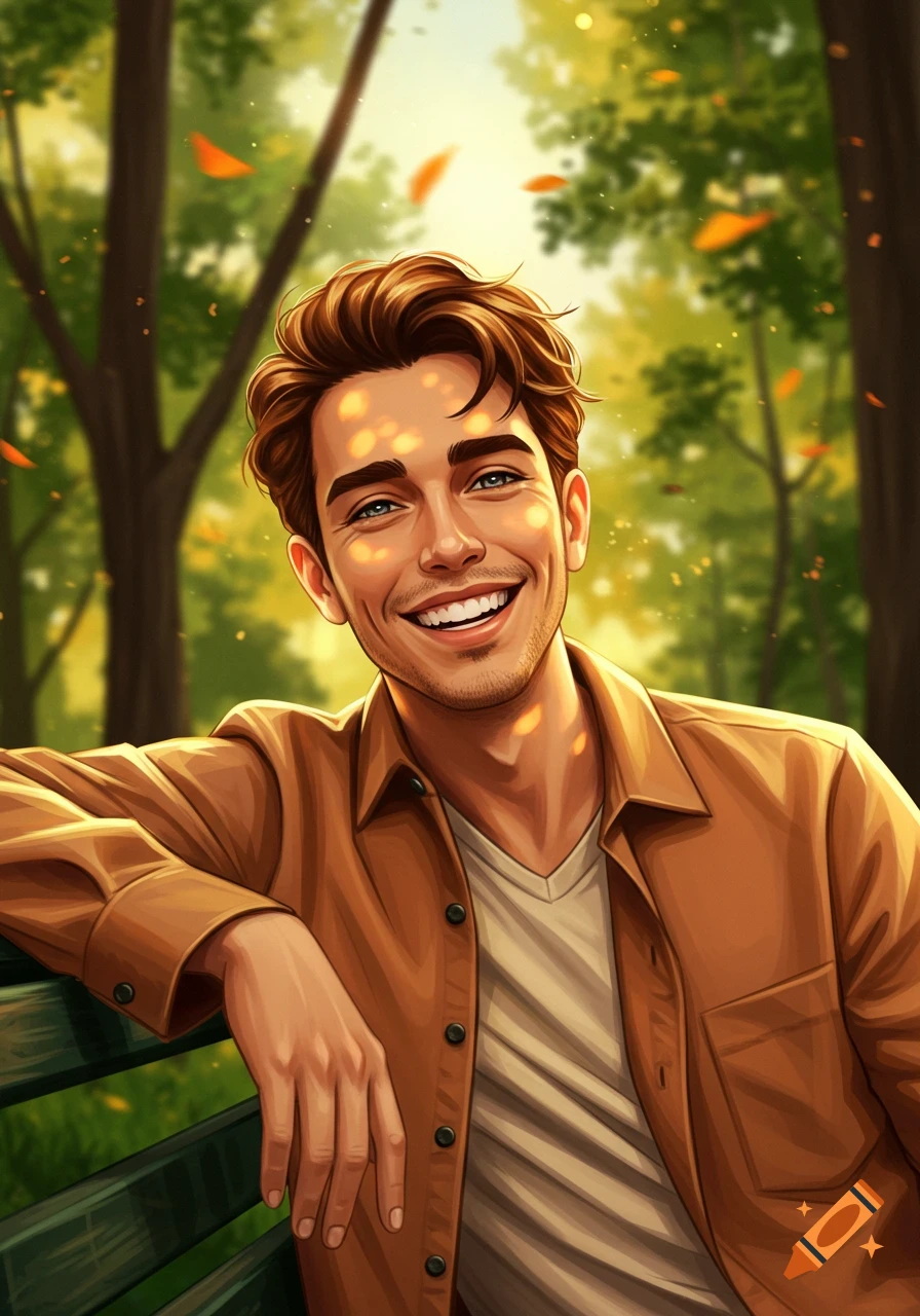 Digital illustration of a smiling brunette man with blue eyes sitting on a park bench surrounded by autumn leaves and sunlight.