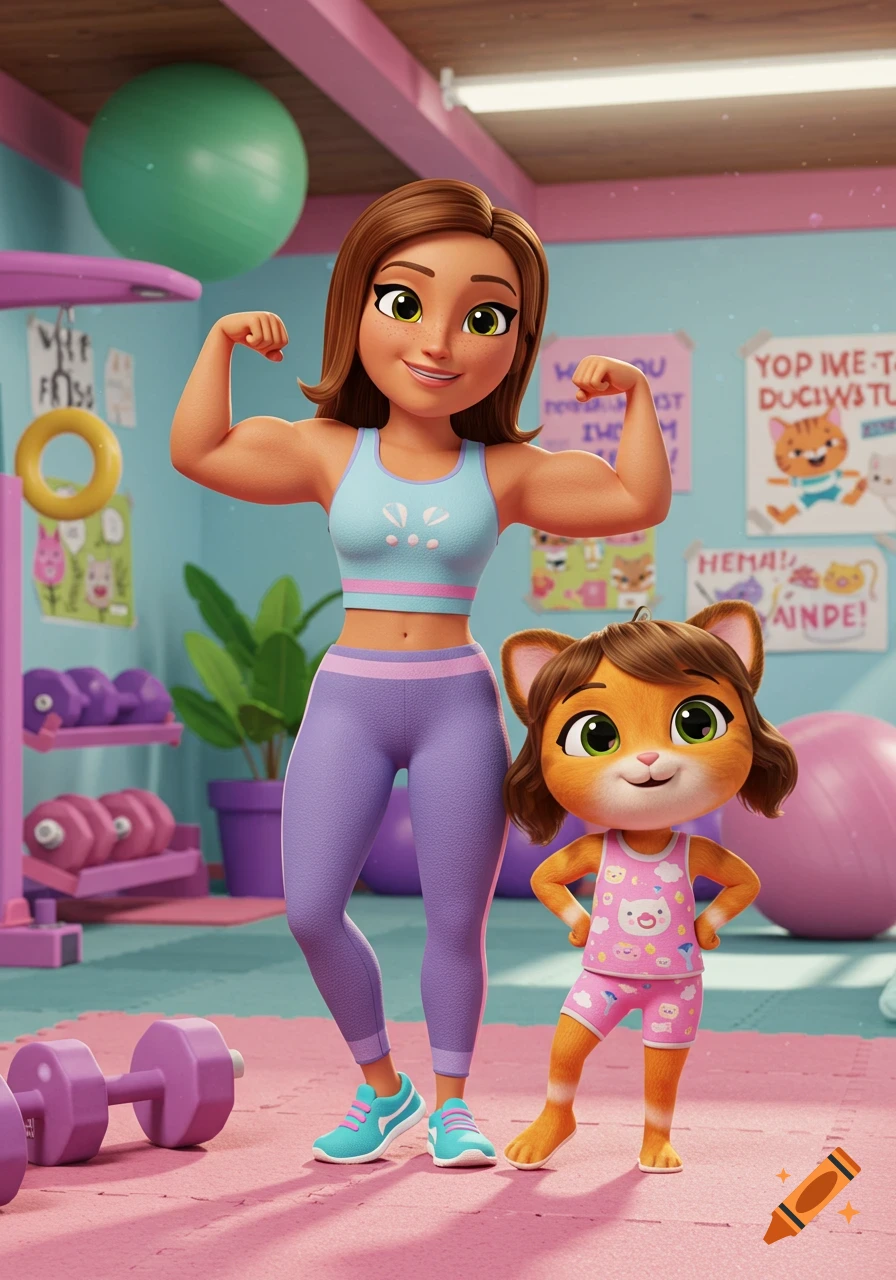 A muscular cartoon woman flexes in a gym next to a cute cartoon cat child.