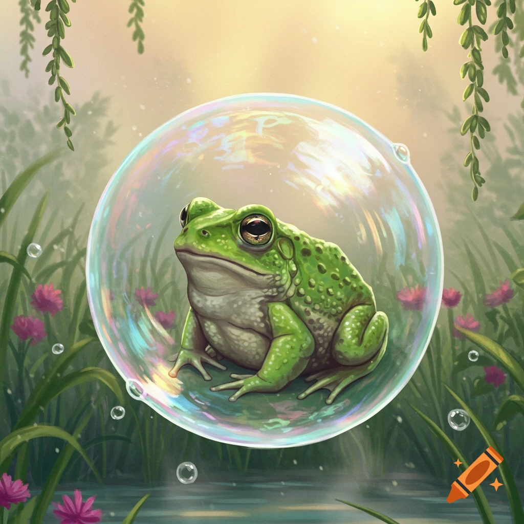 A green frog sits inside a large, iridescent bubble, floating in a sunlit pond with pink flowers and hanging vines.