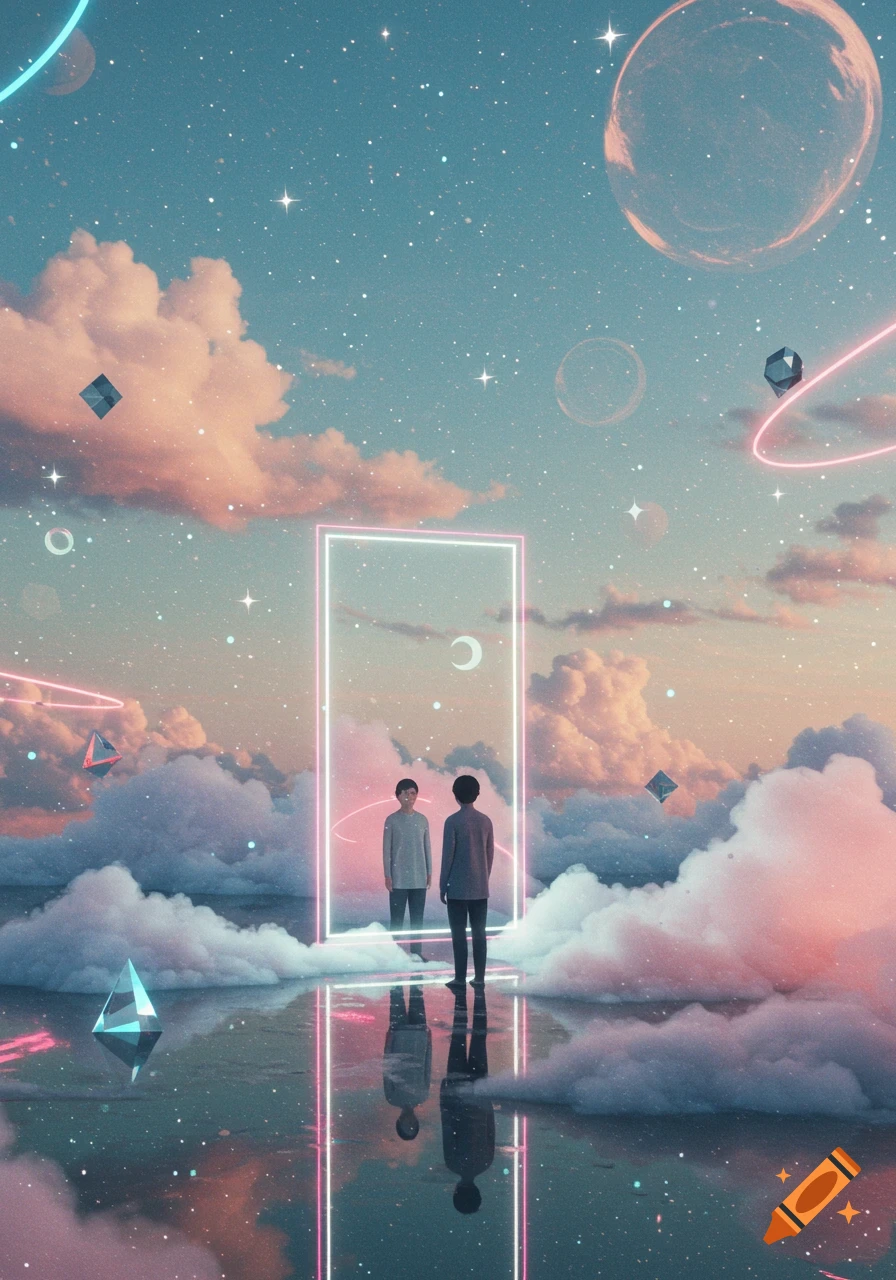 A person stands on a reflective surface looking at another in a glowing portal, surrounded by clouds, stars, planets, and geometric shapes in a pastel sky.