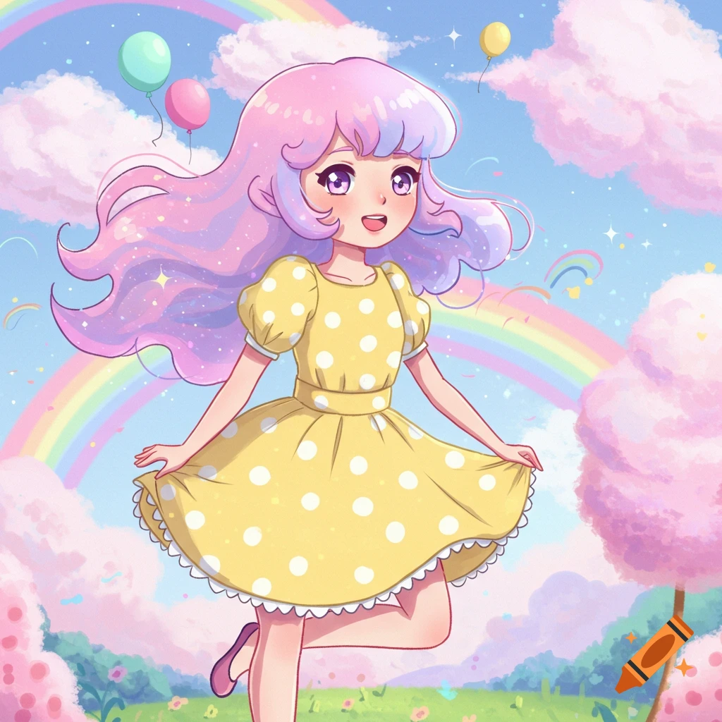 A cartoon girl with colorful pastel hair and a yellow polka dot dress smiles in a whimsical landscape with rainbows and pink clouds.