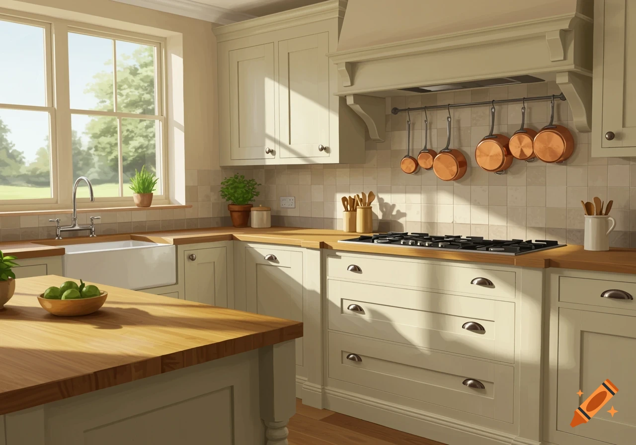 A bright cream shaker style kitchen with oak worktops, a large window, and sunlight.