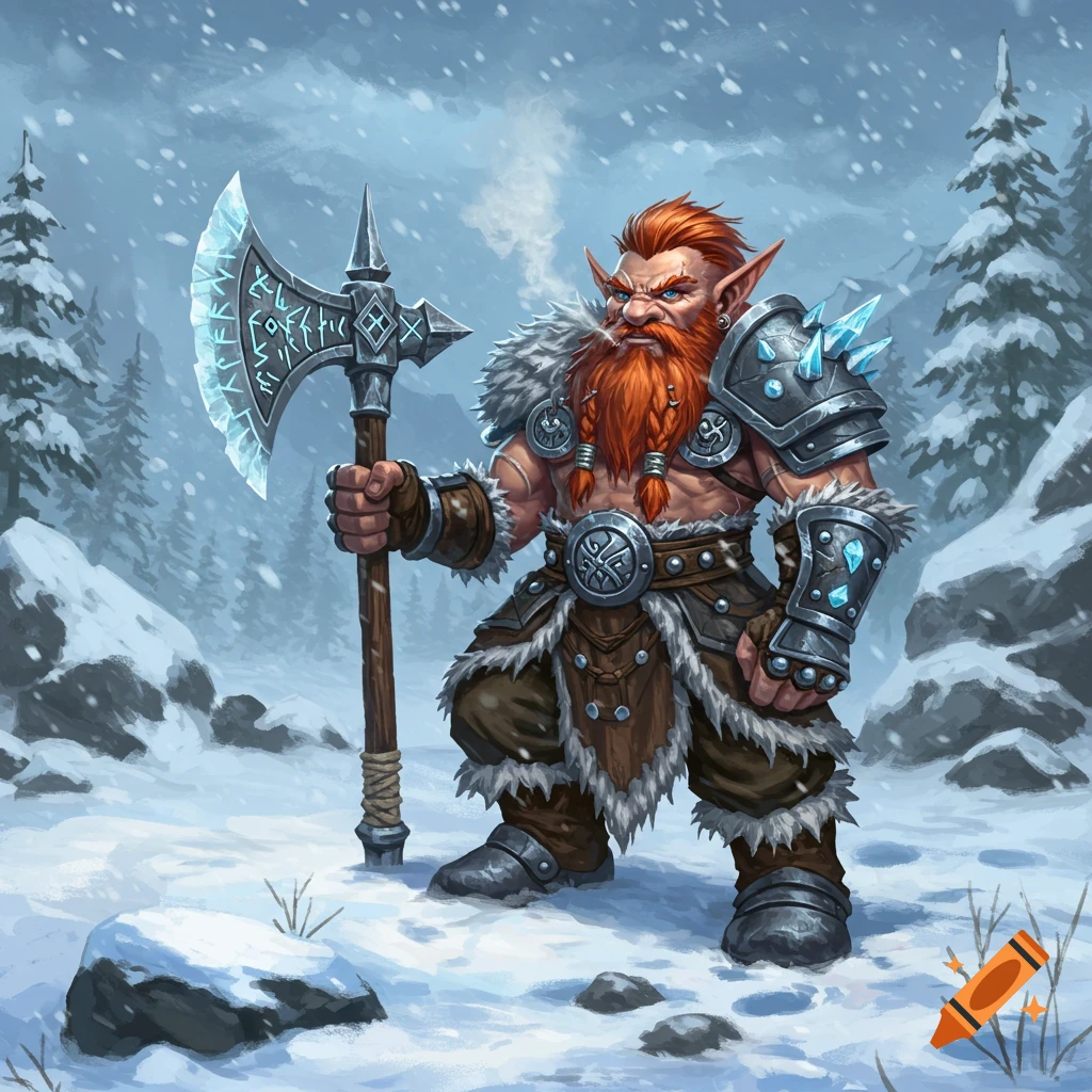A fierce fantasy dwarf barbarian with red hair and beard, wearing armor and holding a glowing battle-axe in a snowy forest.