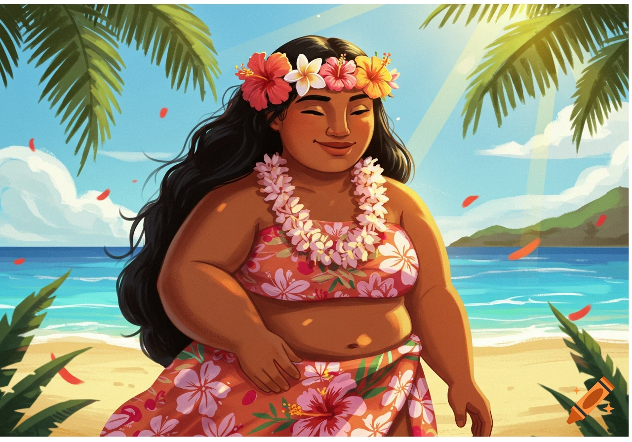 An illustration of a Polynesian woman wearing a flower crown and lei on a sunny tropical beach.