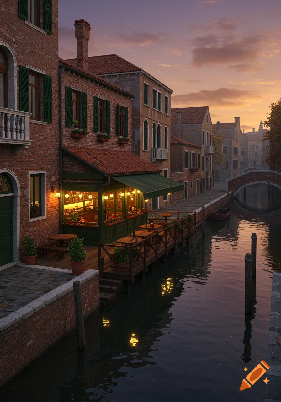 A charming digital painting of a cafe and buildings with green shutters along a Venetian canal at dusk, with warm lights and reflections.