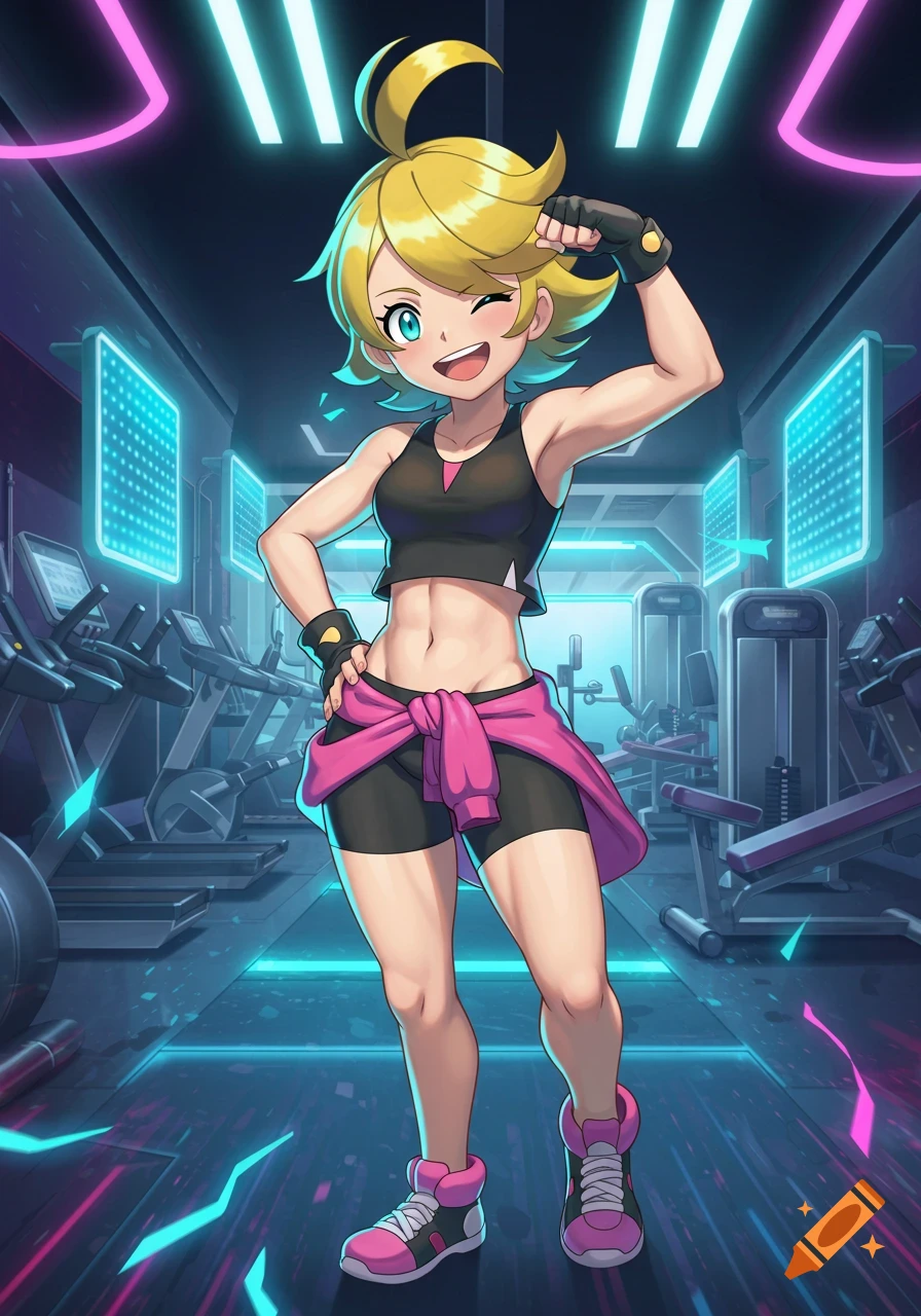 Anime style image of Pokemon character Emma flexing her muscles in a neon-lit gym.