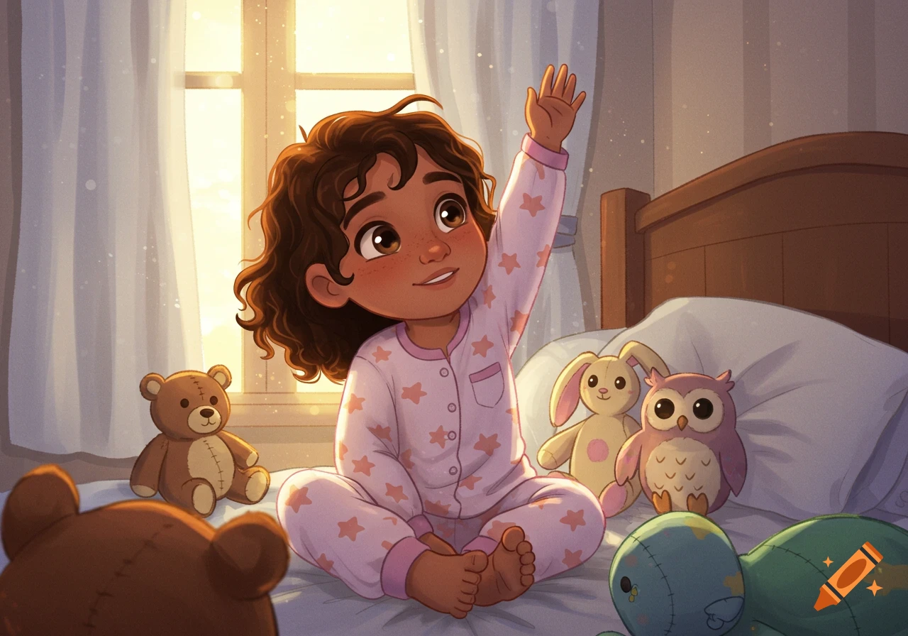 A cartoon-style toddler girl with curly brown hair in pink star pajamas, sitting on a bed with stuffed animals, raises her hand in warm morning sunlight.