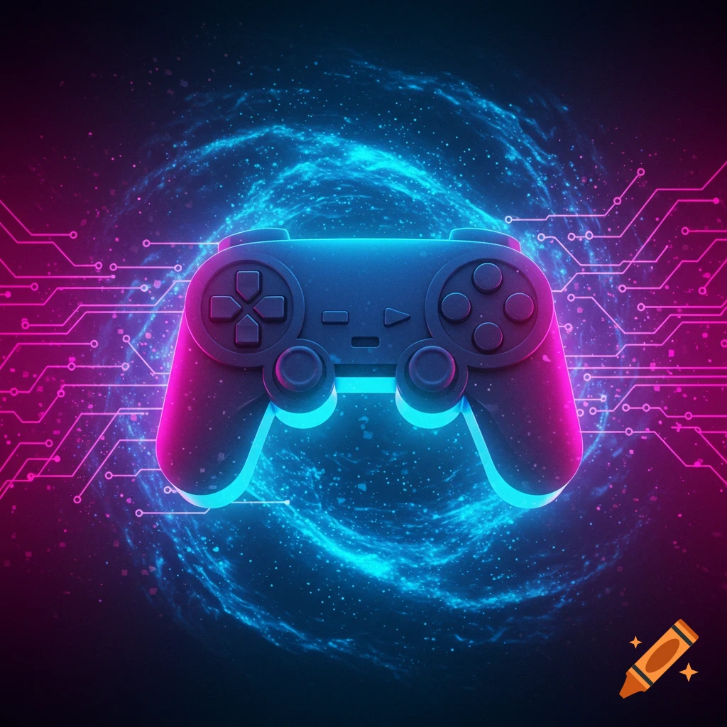 A gaming controller glowing with blue and pink neon light, set against a dark background with blue swirling nebulae and pink circuit board patterns.