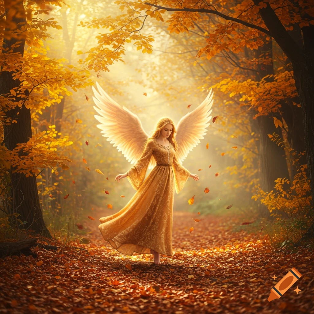 An angel with glowing wings stands on a leaf-covered path in a sunlit autumn forest.